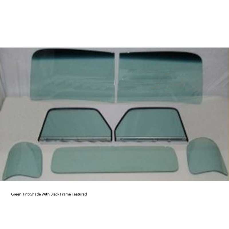 1947 1950 Chevy GMC Truck Glass Kit Two Piece Windshield With Small Rear Glass And Assembled Door Glasses Black Frames Green Tint With Shade Band