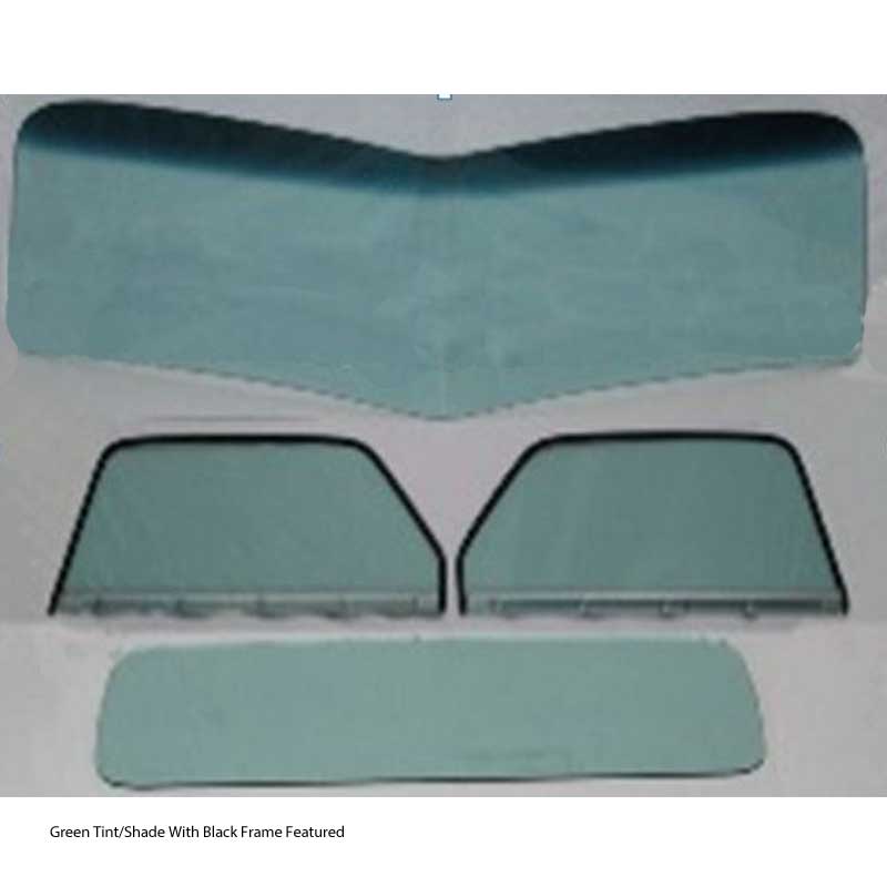 1947 1950 Chevy GMC Truck Glass Kit One Piece V Bend Windshield Standard Rear Glass And Assembled Door Glasses With Black Frames Green Tint With Shade Band