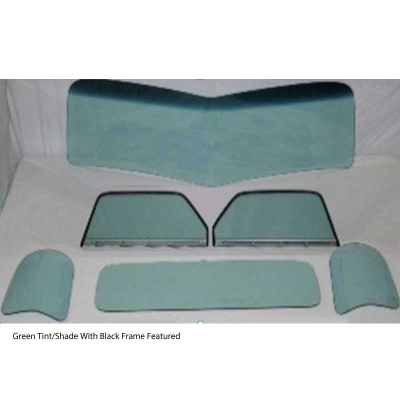 1947 1950 Chevy GMC Truck Glass Kit One Piece V Bend Windshield Small Rear Glass And Assembled Door Glasses With Black Frames Green Tint With Shade Band