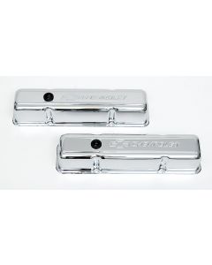 Chevy Valve Covers, Small Block, With Baffle, Tall Design, Chrome, With Chevrolet Script & Bowtie Logo, 1955-1957