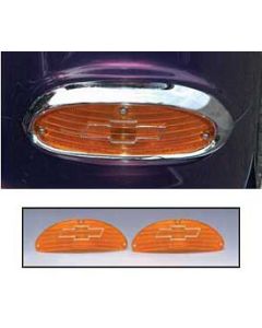 Chevy Parking Light Lenses, With Chrome Bowtie Logos, Amber, 1955