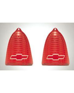 Chevy Taillight Lenses, Red, With Chrome Bowtie Logo, 1955