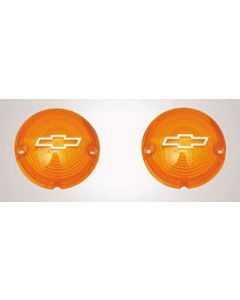 Chevy Parking Light Lenses, With Chrome Bowtie Logos, Amber, 1957