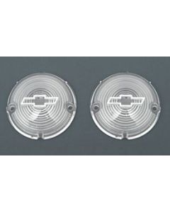 Chevy Parking Light Lenses, With Chrome Bowtie Logos, Clear, 1957
