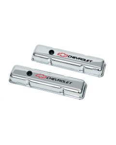 Chevy Truck Valve Covers, Small Block, With Baffle, Short Design, Chrome, With Chevrolet Script & Bowtie Logo, 1955-1986