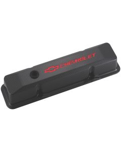 CHEVROLET and BOWTIE EMBLEM DIE-CAST VALVE COVERS, RECESSED RED, CARBON-STYLE