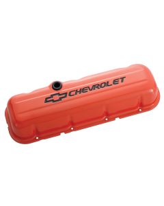 Engine Valve Covers; Stamped Steel; Tall; Orange; w/ Bowtie Logo; Fits BB Chevy