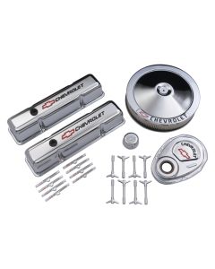 Engine Dress-Up Kit; Chrome w/Red Chevy Logo; Fits SB Block Chevy Engines
