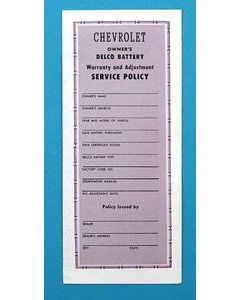 Chevy Battery Warranty Certificate, Delco, 1955-1957