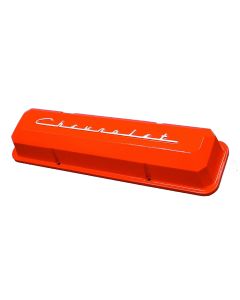 Chevy Aluminum Valve Covers, Orange Powder Coated, With Chevrolet Script, Small Block, 1955-1957