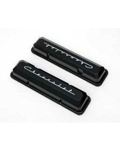 Chevy Aluminum Valve Covers, Black Powder Coated, With Chevrolet Script, Small Block, 1955-1957