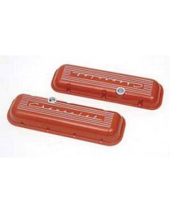 Chevy Aluminum Valve Covers, Orange Powder Coated, With Chevrolet Script, Big Block, 1955-1957