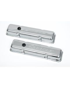 Chevy Valve Covers, Small Block, With Baffle, Short Design,Chrome, With Chevrolet Script & Bowtie Logo, 1955-1957