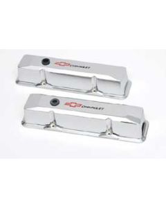 Chevy Valve Covers, Small Block, With Baffle, Tall Design, Chromed Aluminum, With Chevrolet Script & Bowtie Logo, 1955-1957