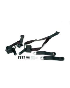Morris Classic Concepts, Full Size Chevy 3-Point Retractable Front Shoulder Harness Seat Belt Set, For Bucket Seats, Chrome Buckle, Black, 1966-1973
