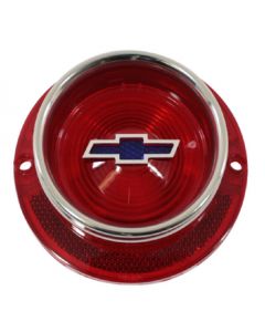 Full Size Chevy Taillight Lens Red with Blue Bowtie Logo, With Chrome Molding 1963