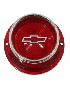 Full Size Chevy Taillight Lens Red with Clear Bowtie Logo, With Chrome Molding 1963