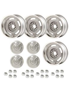 Late Great Chevy - Rally Wheel Kit, 1-Piece Cast Aluminum With  Plain Flat (No Lettering)  Center Caps,  17x9

