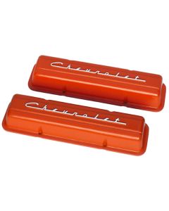 Chevelle & Malibu Aluminum Valve Covers, Small Block, Orange Powder Coated, With Chevrolet Script, 1964-1983