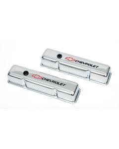 Chevelle Valve Covers, Small Block, Tall Design, Chrome, With Baffle, Chevrolet Script & Bowtie Logo, 1964-1983