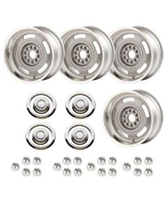 Chevelle -Rally Wheel Kit, 1-Piece Cast Aluminum With  Flat Disc Brake Style Center Caps,  Staggered 17x8 And 17x9
