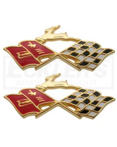 Full Size Chevy Impala Rear Quarter Panel Crossed Flags Emblems, Gold Tone, 1960