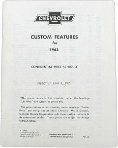 Full Size Chevy Accessory List Folder, 1963
