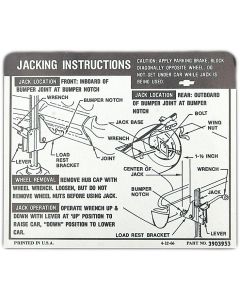 Full Size Chevy Jack Stowage & Jacking Instructions Sheet, Hardtop & Sedan, 1967