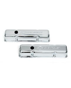 Full Size Chevy Valve Covers, Small Block, With Baffle, Tall Design, Chrome, With Chevrolet Script & Bowtie Logo, 1958-1972
