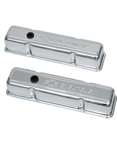 Full Size Chevy Valve Covers, Small Block, Tall Design, Chrome, With Chevrolet Script & Bowtie Logo, 1958-1972