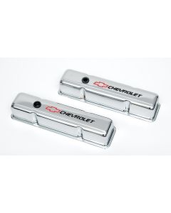 Full Size Chevy Valve Covers, Small Block, With Baffle, Tall Design, Chrome, With Chevrolet Script & Bowtie Logo, 1958-1972