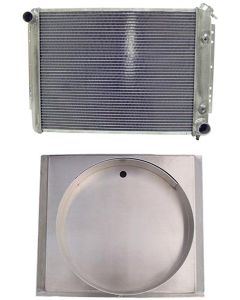 Full Size Chevy Radiator & Engine Driven Fan Shroud, Aluminum Crossflow, Passenger Side Top Outlet, Northern, 1959-1970