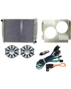 Full Size Chevy Radiator, Aluminum Crossflow, Passenger Side Top Inlet, Hurricane Shroud, Dual 10" Fans, Fixed Speed Controls, Complete Kit, Northern,