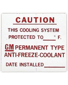 Full Size Chevy GM Dealer Installed Anti-Freeze InformationDecal, 1960-1975