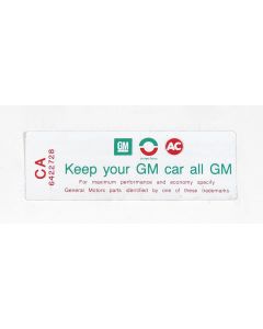 Full Size Chevy Air Cleaner Decal, "Keep Your GM Car All GM", 307ci/200hp, 1968