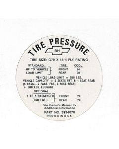 Full Size Chevy Tire Pressure Decal, G70 x 15, 427ci SS, 1968