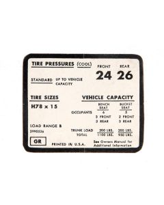 Full Size Chevy Tire Pressure Decal, H78 x 15, 1971-1972