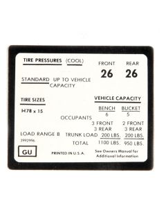 Full Size Chevy Tire Pressure Decal, 1972