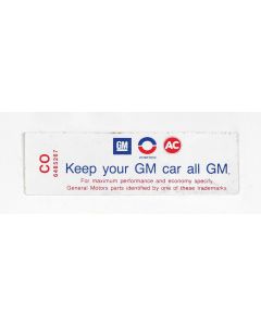 Full Size Chevy Air Cleaner Decal, "Keep Your GM Car All GM", 250ci/155hp, 1969