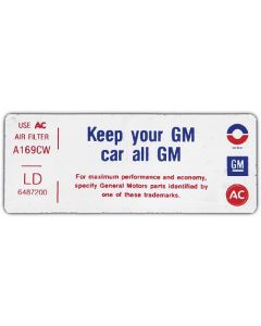 Full Size Chevy Air Cleaner Decal, "Keep Your GM Car All GM", 250ci, 1972