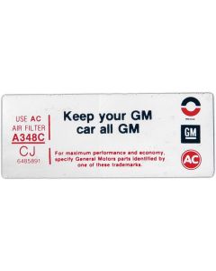 Full Size Chevy Air Cleaner Decal, "Keep Your GM Car All GM",  350 & 400ci, 1972