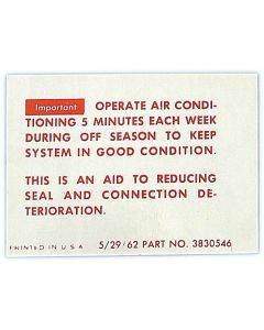 Full Size Chevy Conditioning Maintenance Instructions Decal, 1963
