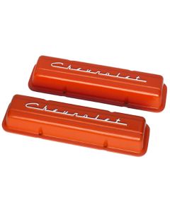 El Camino Aluminum Valve Covers, Small Block, Orange Powder Coated, With Chevrolet Script, 1964-83