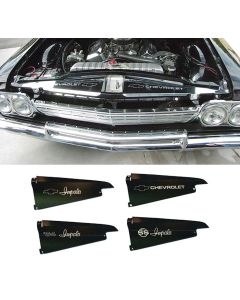 Full Size Chevy Core Support Filler Panels, Clear Anodized (Silver Satin), With Logo/Design, 1964