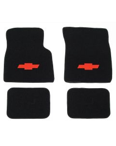Full Size Chevy Floor Mats, Black Carpet, With Embroidered Bowtie, Crossed-Flags, Impala/Crossed-Flags Or SS Logo, 1965-1970