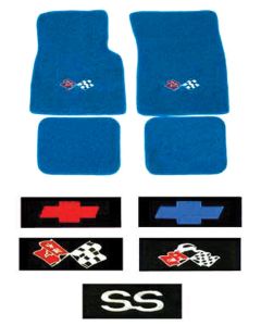Full Size Chevy Floor Mats, Blue Carpet, With Embroidered Bowtie, Crossed-Flags, Impala/Crossed-Flags Or SS Logo, 1965-1970