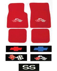 Full Size Chevy Floor Mats, Red Carpet, With Embroidered Bowtie, Crossed-Flags, Impala/Crossed-Flags Or SS Logo, 1961-1964