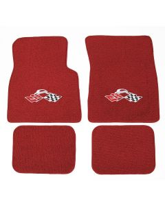 Full Size Chevy Floor Mats, Red Carpet, With Embroidered Bowtie, Crossed-Flags, Impala/Crossed-Flags Or SS Logo, 1965-1970