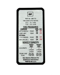 Chevelle Tire Pressure Decal, 1969