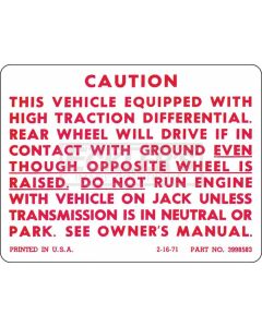 Chevy Or GMC Truck Positraction Warning Decal, 1972-1986